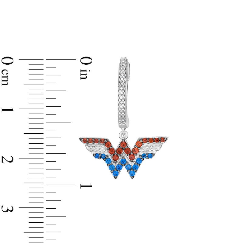 Wonder Woman™ Collection Garnet, Blue Sapphire and 1/20 CT. T.W. Diamond Symbol Drop Earrings in Sterling Silver