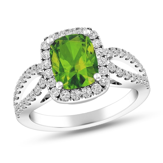 Elongated Cushion-Cut Peridot and White Topaz Frame Split Shank Ring in Sterling Silver