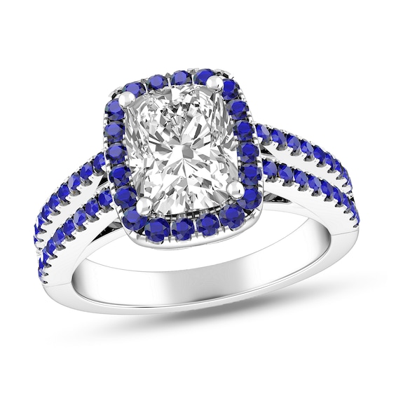 Elongated Cushion-Cut White Topaz and Blue Sapphire Frame Double Row Ring in Sterling Silver