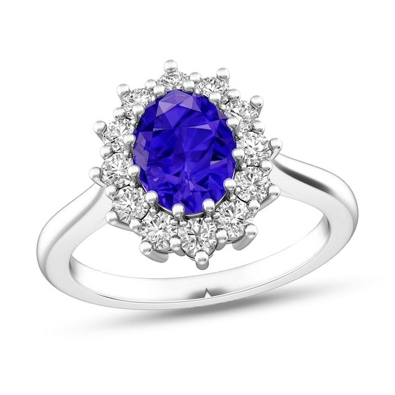 Oval Tanzanite and White Topaz Sunburst Frame Ring in Sterling Silver