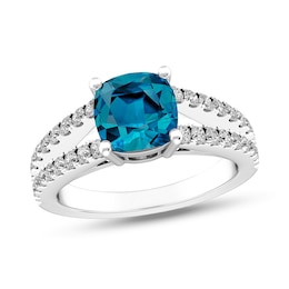 Cushion-Cut London Blue and White Topaz Split Shank Ring in Sterling Silver