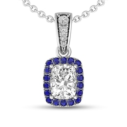 Elongated Cushion-Cut White Topaz and Blue Sapphire Frame Pendant in Sterling Silver