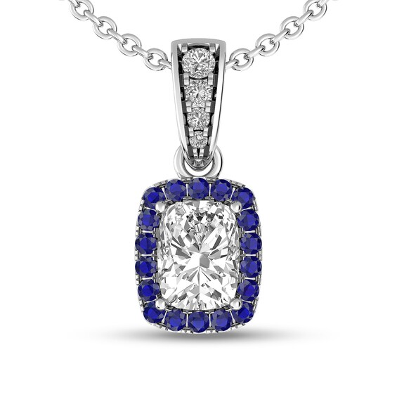 Elongated Cushion-Cut White Topaz and Blue Sapphire Frame Pendant in Sterling Silver