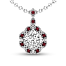Tilted Cushion-Cut White Topaz and Garnet Rope Frame Pendant in Sterling Silver