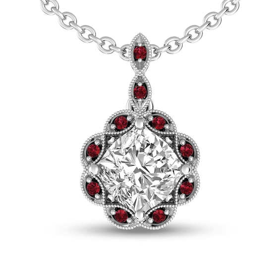 Tilted Cushion-Cut White Topaz and Garnet Rope Frame Pendant in Sterling Silver