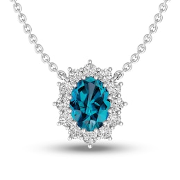 Oval London Blue and White Topaz Sunburst Frame Necklace in Sterling Silver
