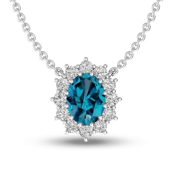 Oval London Blue and White Topaz Sunburst Frame Necklace in Sterling Silver