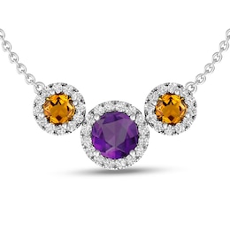 Amethyst, Citrine and White Topaz Frame Three Stone Necklace in Sterling Silver