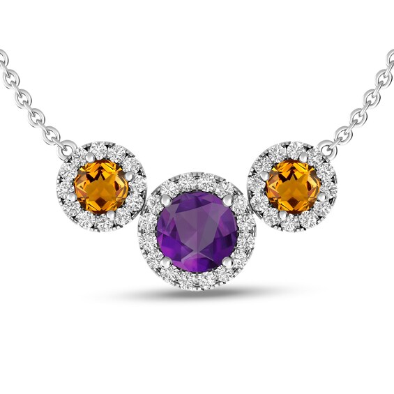 Amethyst, Citrine and White Topaz Frame Three Stone Necklace in Sterling Silver