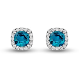 Cushion-Cut London Blue and White Topaz Frame Stud Earrings in Sterling Silver