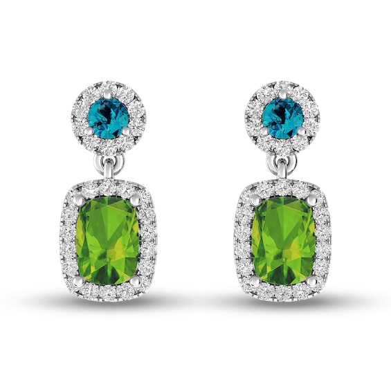 Elongated Cushion-Cut Peridot, London Blue and White Topaz Frame Dangle Drop Earrings in Sterling Silver