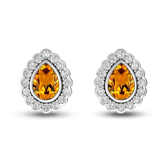 Pear-Shaped Citrine and White Topaz Scallop Frame Stud Earrings in Sterling Silver
