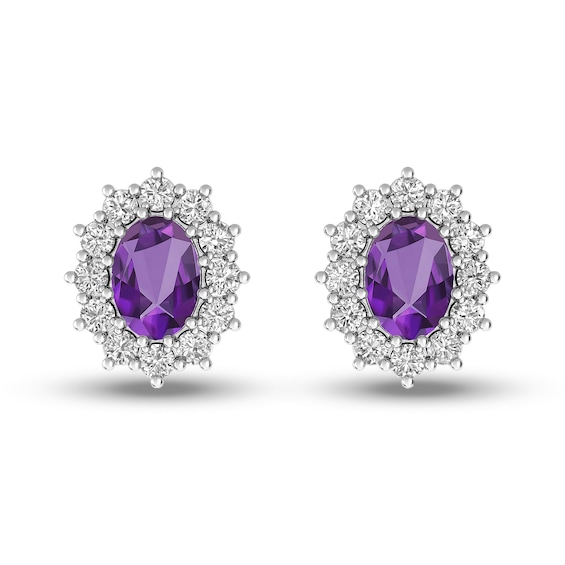 Oval Amethyst and White Topaz Sunburst Frame Stud Earrings in Sterling Silver