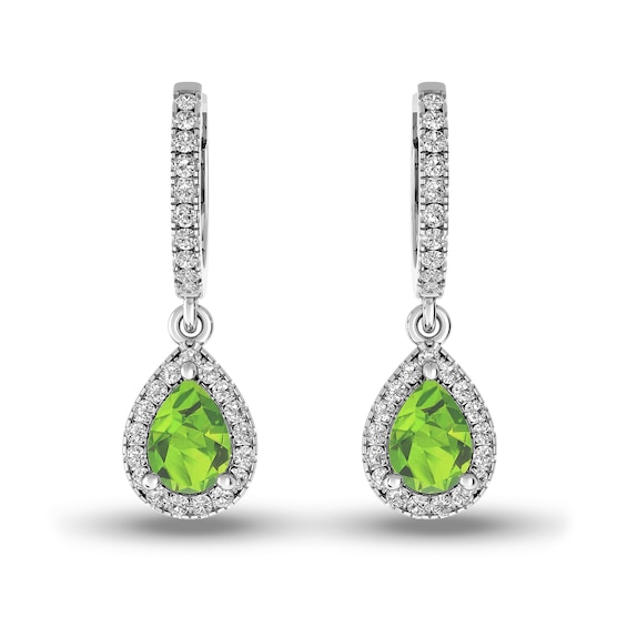 Pear-Shaped Peridot and White Topaz Frame Dangle Hoop Earrings in Sterling Silver