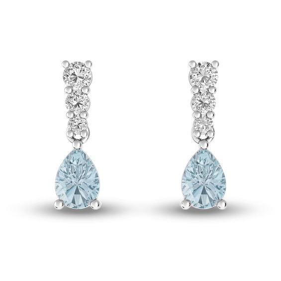 Pear-Shaped Aquamarine and White Topaz Linear Three Stone Dangle Drop Earrings in Sterling Silver