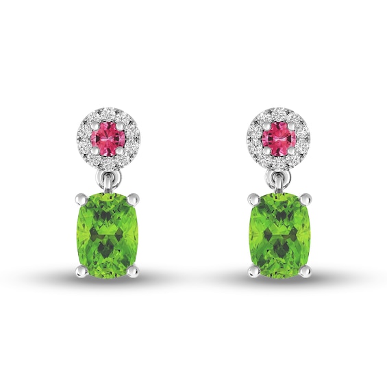 Elongated Cushion-Cut Peridot, Tourmaline and White Topaz Frame Dangle Drop Earrings in Sterling Silver