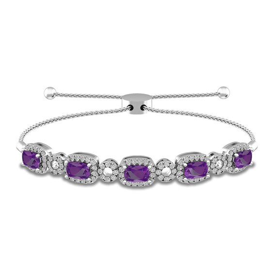 Elongated Cushion-Cut Amethyst and White Topaz Circles Bolo Bracelet in Sterling Silver