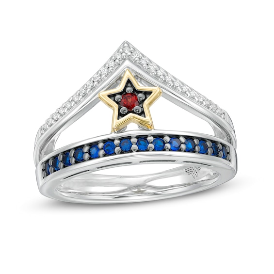 Wonder Womanâ¢ Collection Blue Sapphire, Garnet and Diamond Tiara Ring in Sterling Silver and 10K Gold