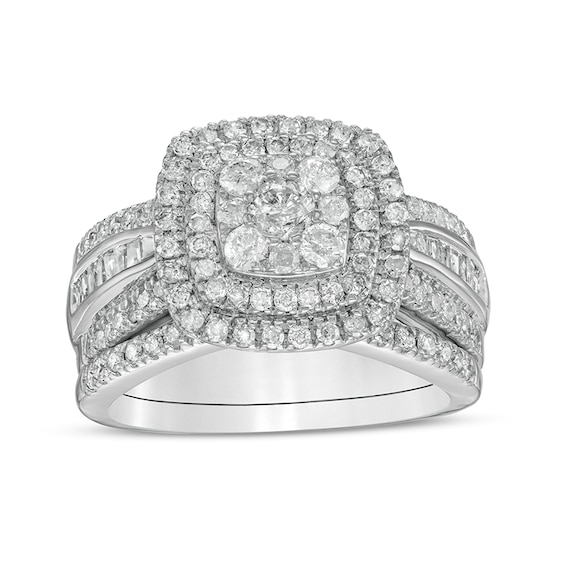 1-1/4 CT. T.w. Cushion Multi-Diamond Double Frame Bridal Set in 10K White Gold