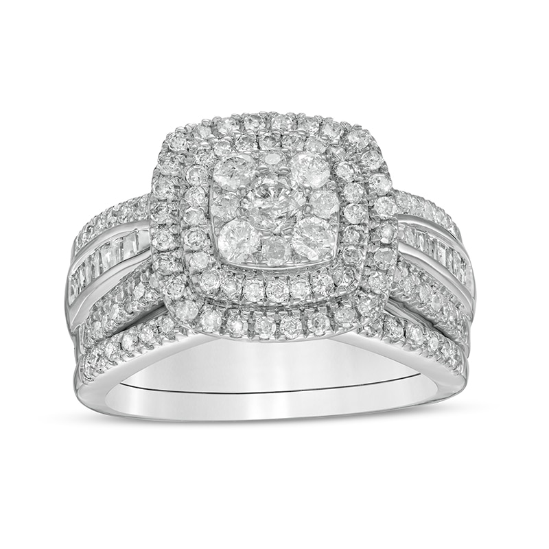 Main Image 1 of 1-1/4 CT. T.W. Cushion Multi-Diamond Double Frame Bridal Set in 10K White Gold