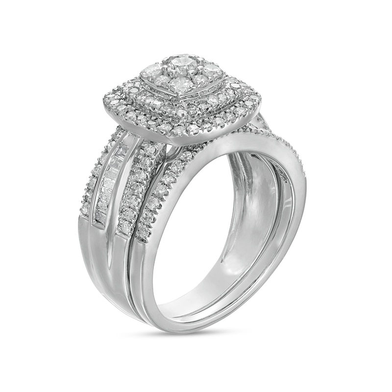 Main Image 3 of 1-1/4 CT. T.W. Cushion Multi-Diamond Double Frame Bridal Set in 10K White Gold