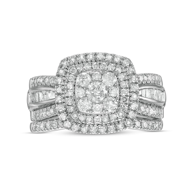 Main Image 4 of 1-1/4 CT. T.W. Cushion Multi-Diamond Double Frame Bridal Set in 10K White Gold