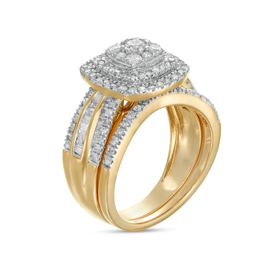 1-1/4 CT. T.w. Baguette and Round Multi-Diamond Double Cushion-Shape Frame Bridal Set in 10K Gold