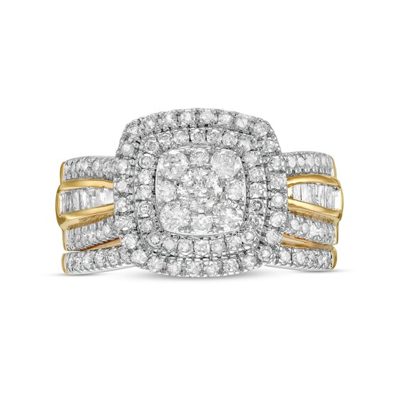 1-1/4 CT. T.w. Baguette and Round Multi-Diamond Double Cushion-Shape Frame Bridal Set in 10K Gold