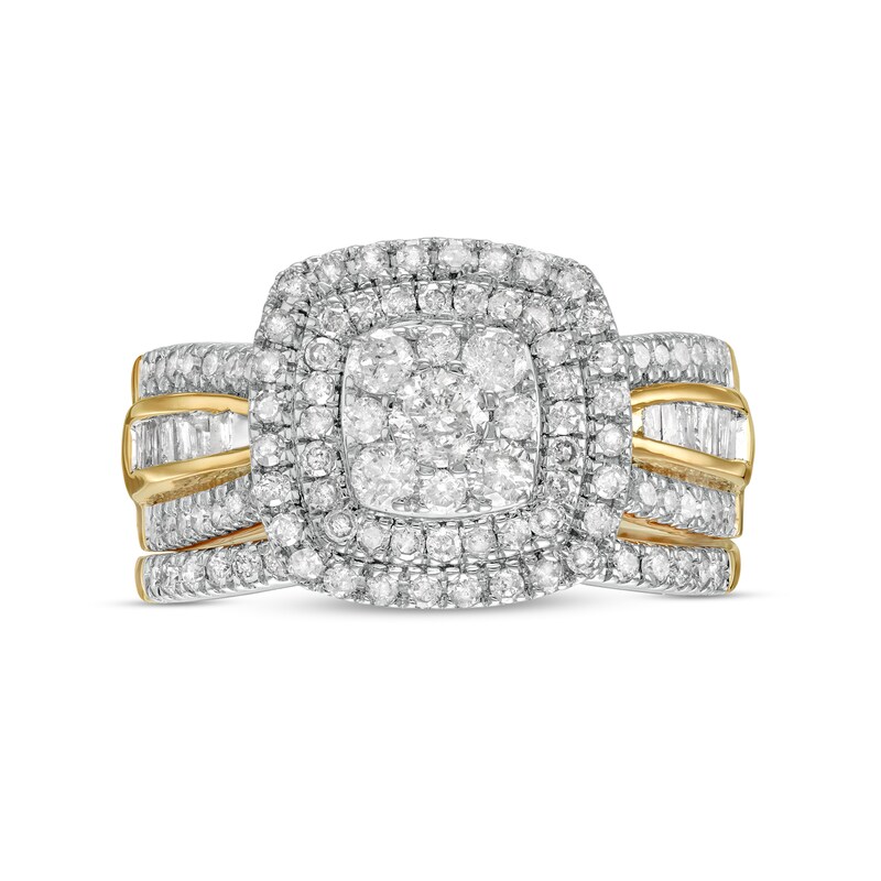 Main Image 4 of 1-1/4 CT. T.W. Baguette and Round Multi-Diamond Double Cushion-Shape Frame Bridal Set in 10K Gold