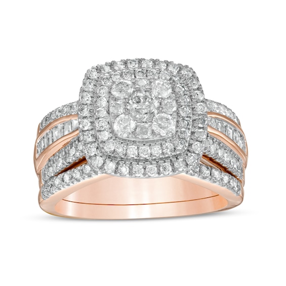 1-1/4 CT. T.w. Multi-Diamond Double Cushion-Shape Frame Bridal Set in 10K Rose Gold