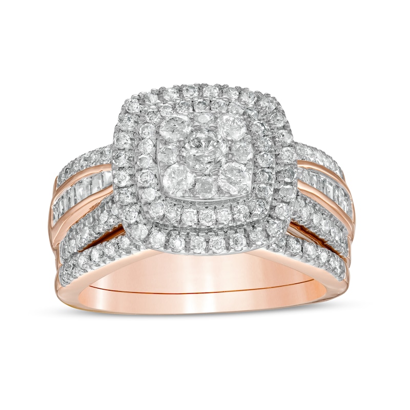 Main Image 1 of 1-1/4 CT. T.W. Multi-Diamond Double Cushion-Shape Frame Bridal Set in 10K Rose Gold