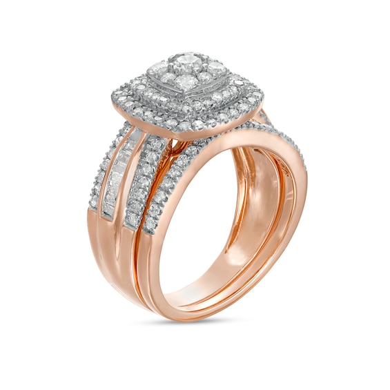 1-1/4 CT. T.w. Multi-Diamond Double Cushion-Shape Frame Bridal Set in 10K Rose Gold