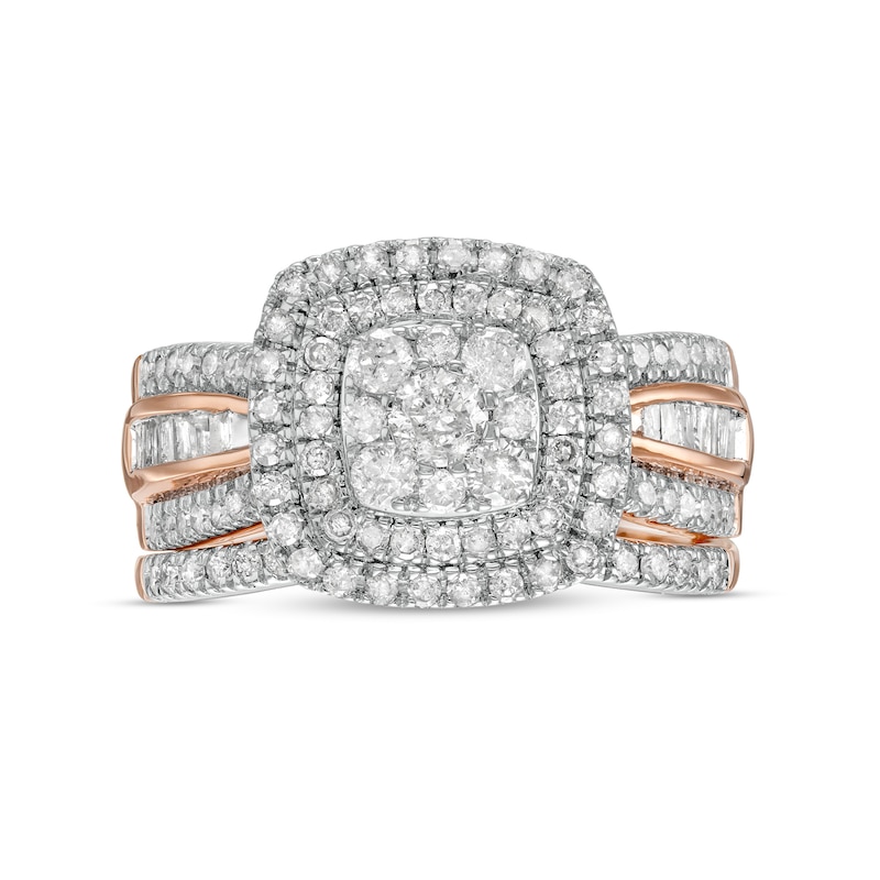 Main Image 4 of 1-1/4 CT. T.W. Multi-Diamond Double Cushion-Shape Frame Bridal Set in 10K Rose Gold