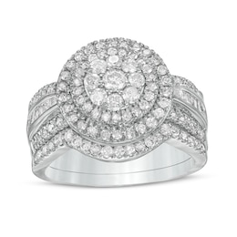1-1/4 CT. T.W. Composite Baguette and Round Diamond Double Frame Bridal Set in 10K White Gold