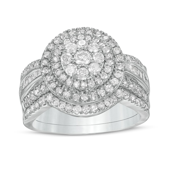 1-1/4 CT. T.w. Composite Baguette and Round Diamond Double Frame Bridal Set in 10K Gold