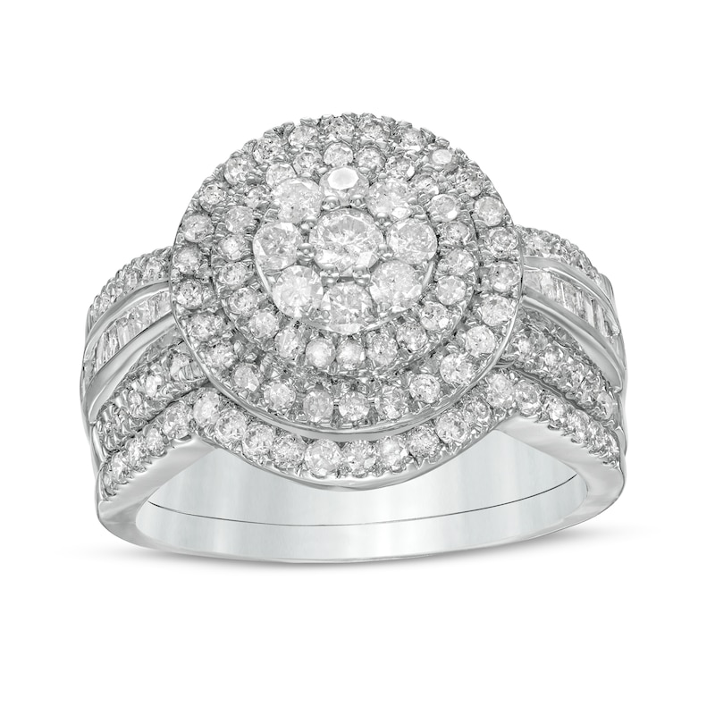 Main Image 1 of 1-1/4 CT. T.W. Composite Baguette and Round Diamond Double Frame Bridal Set in 10K White Gold