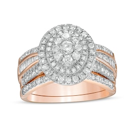 1-1/4 CT. T.W. Composite Baguette and Round Diamond Double Oval-Shape Frame Bridal Set in 10K Rose Gold