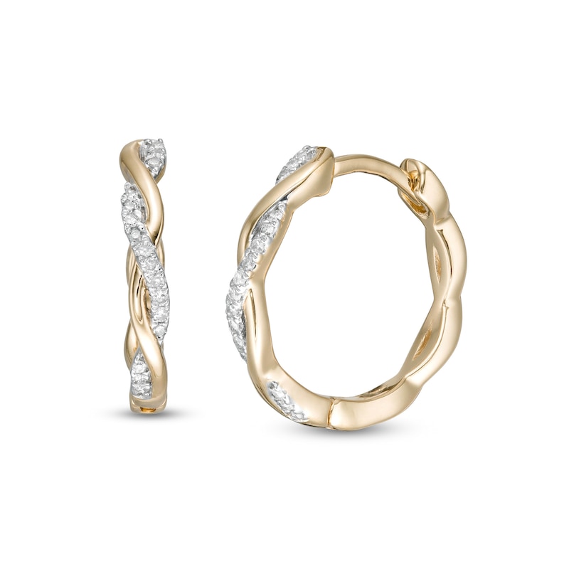 Main Image 1 of 1/10 CT. T.W. Diamond Twist Huggie Hoop Earrings in 10K Gold