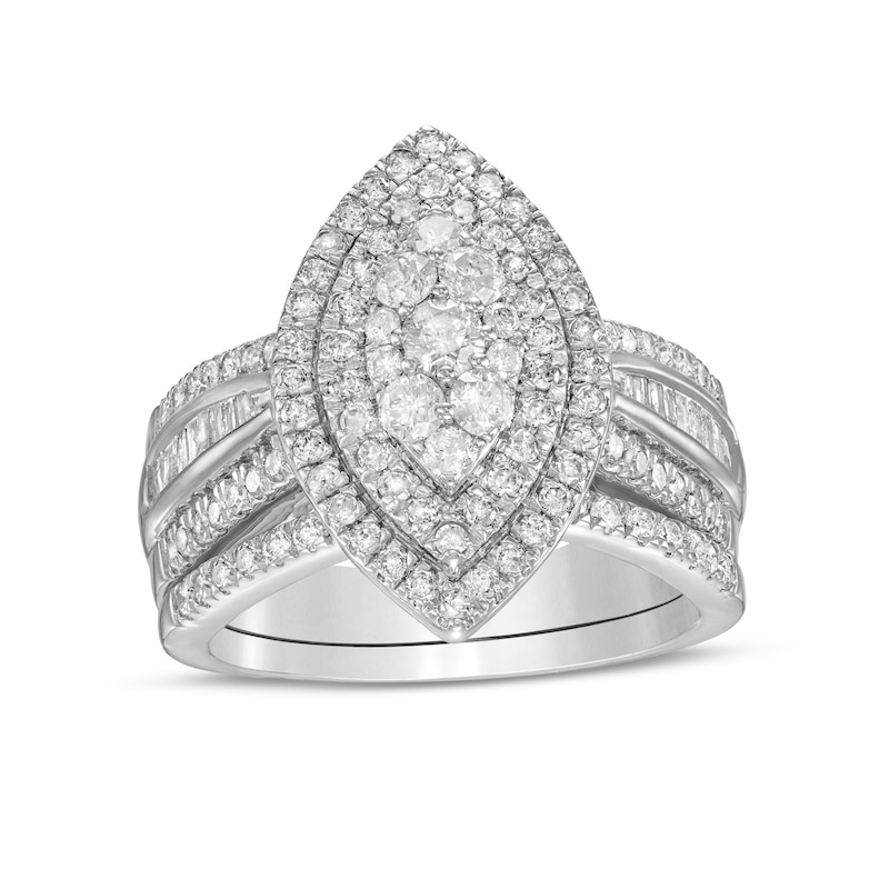 1-1/4 CT. T.W. Composite Baguette and Round Diamond Double Marquise-Shape Frame Bridal Set in 10K White Gold