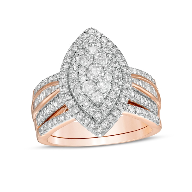 Main Image 1 of 1-1/4 CT. T.W. Composite Baguette and Round Diamond Double Marquise-Shape Frame Bridal Set in 10K Rose Gold