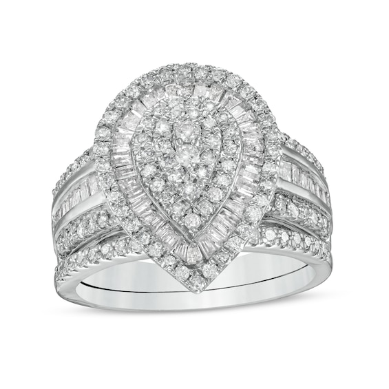 1-1/4 CT. T.w. Composite Baguette and Round Diamond Layered Pear-Shape Frame Bridal Set in 10K White Gold