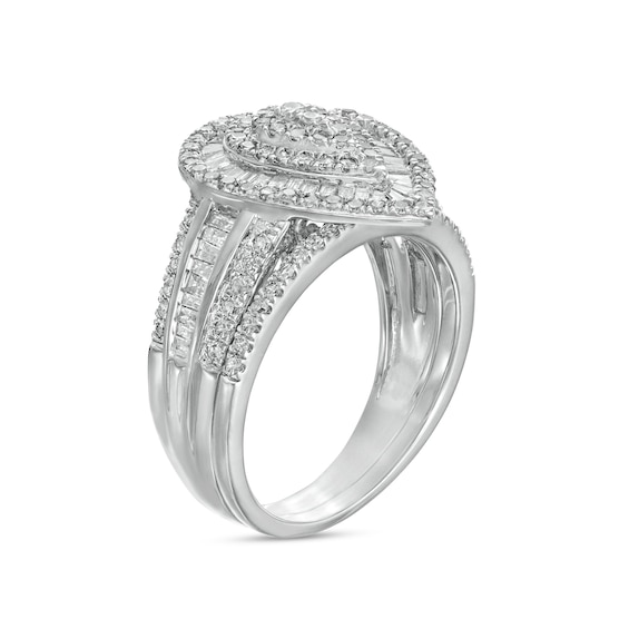 1-1/4 CT. T.w. Composite Baguette and Round Diamond Layered Pear-Shape Frame Bridal Set in 10K White Gold