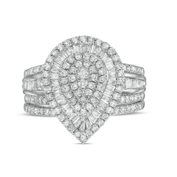 1-1/4 CT. T.w. Composite Baguette and Round Diamond Layered Pear-Shape Frame Bridal Set in 10K White Gold