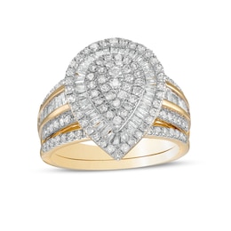 1-1/4 CT. T.W. Pear-Shaped Multi-Diamond Layered Triple Frame Bridal Set in 10K Gold