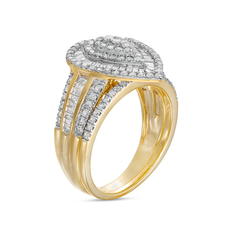 Main Image 3 of 1-1/4 CT. T.W. Pear-Shaped Multi-Diamond Layered Triple Frame Bridal Set in 10K Gold