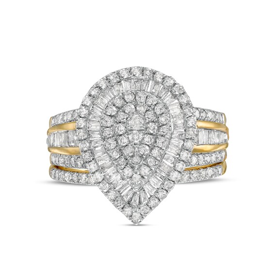1-1/4 CT. T.w. Pear-Shaped Multi-Diamond Layered Triple Frame Bridal Set in 10K Gold