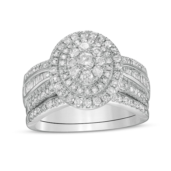 1-1/4 CT. T.w. Composite Baguette and Round Diamond Double Oval-Shape Frame Bridal Set in 10K White Gold