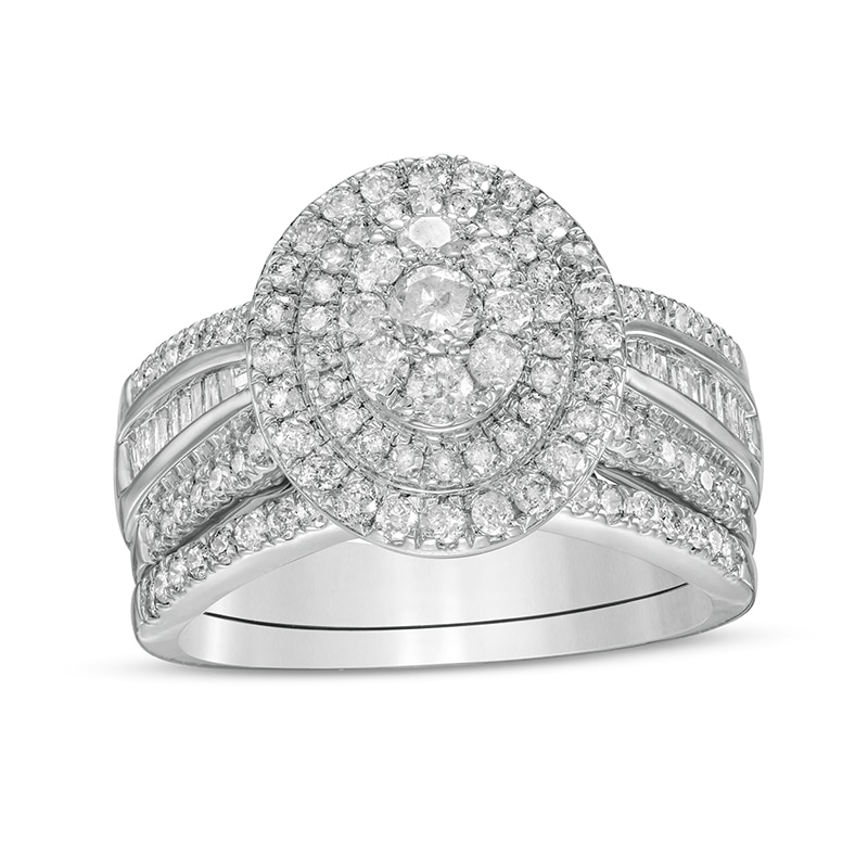 Main Image 1 of 1-1/4 CT. T.W. Composite Baguette and Round Diamond Double Oval-Shape Frame Bridal Set in 10K White Gold