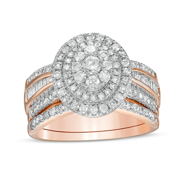 1-1/4 CT. T.w. Composite Baguette and Round Diamond Double Oval-Shape Frame Bridal Set in 10K Rose Gold