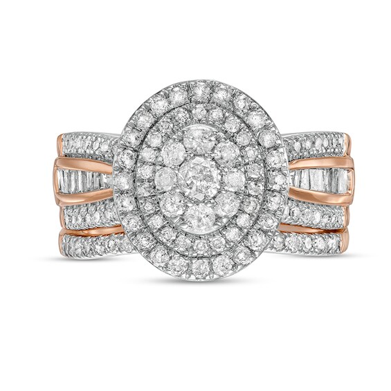 1-1/4 CT. T.w. Composite Baguette and Round Diamond Double Oval-Shape Frame Bridal Set in 10K Rose Gold